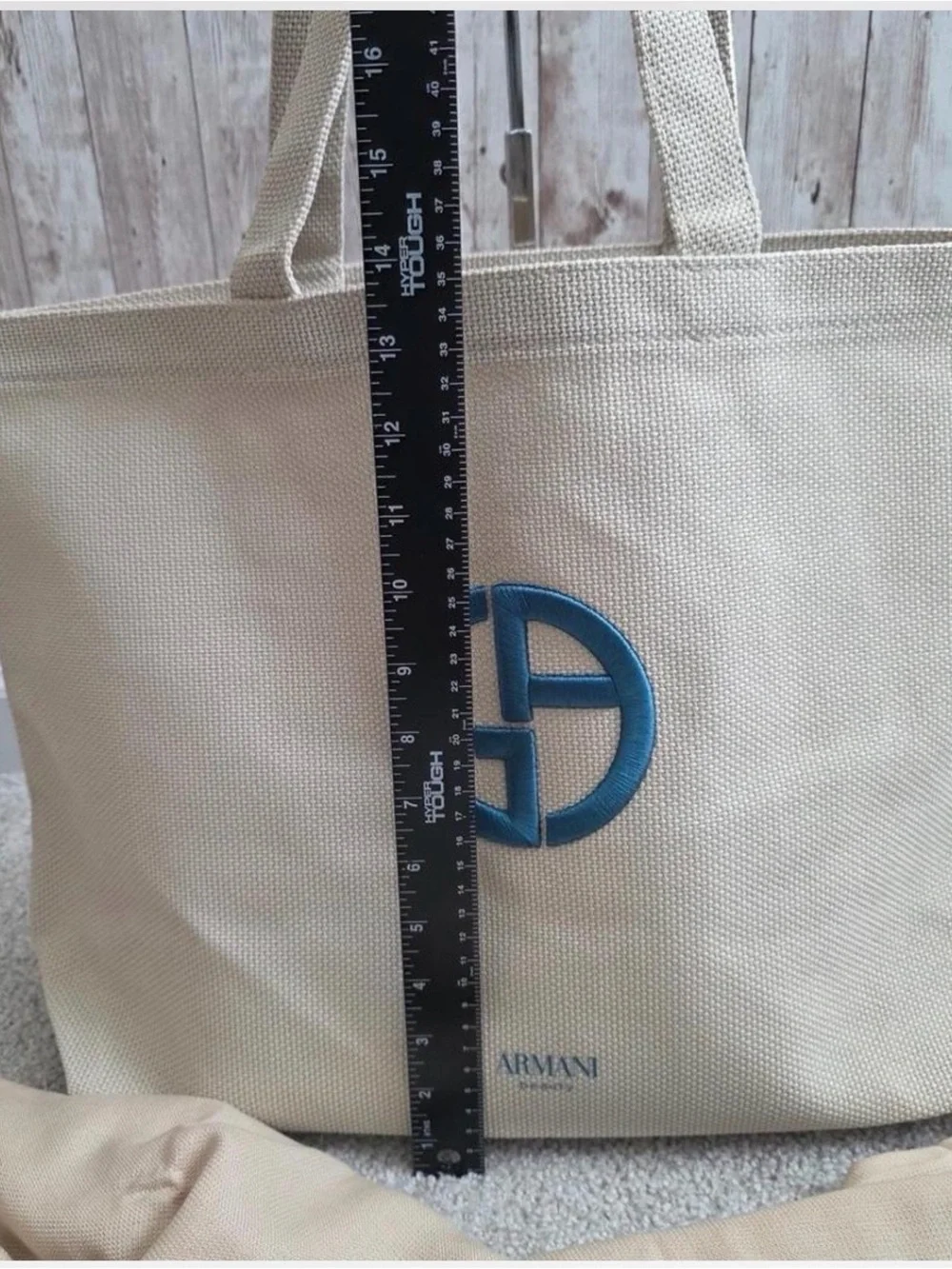 Giorgio Armani Beige Canvas Tote and beach blanket set with Blue Logo